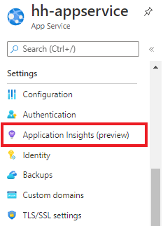 Screenshot of selecting Application Insights from the left side menu.