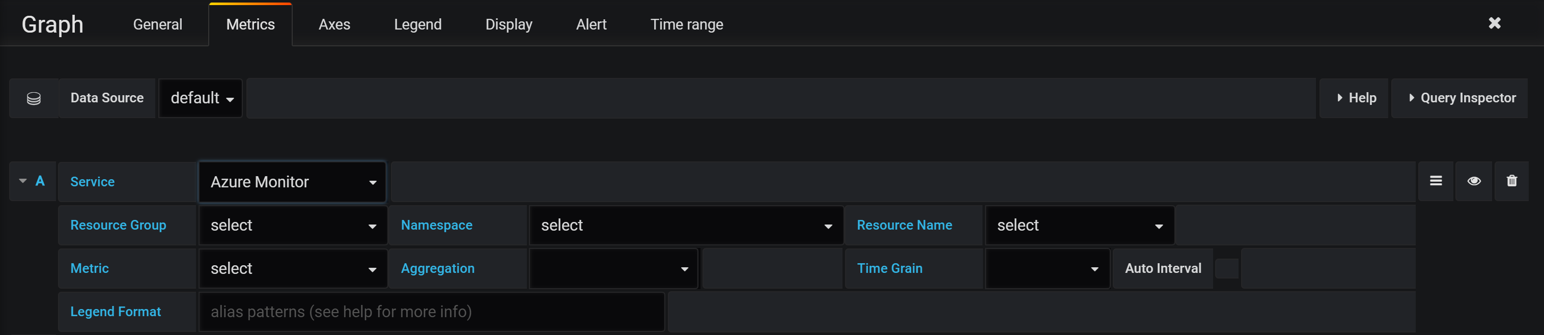 Screenshot of Grafana panel config for Azure Monitor metrics.