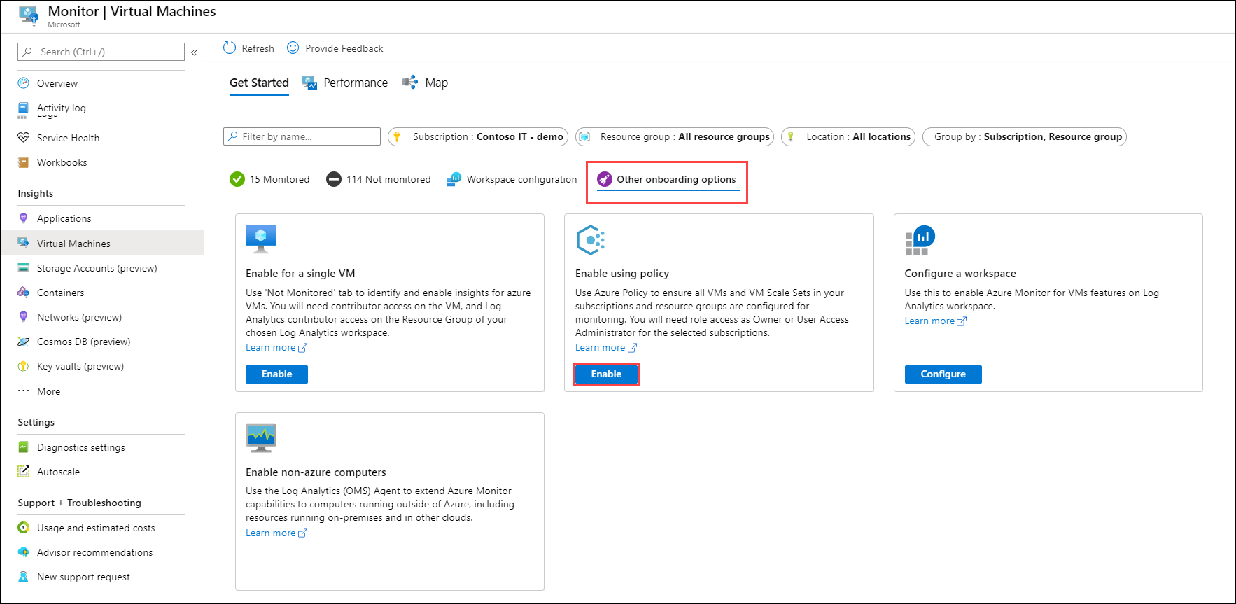 Azure Monitor from VMs Get Started tab