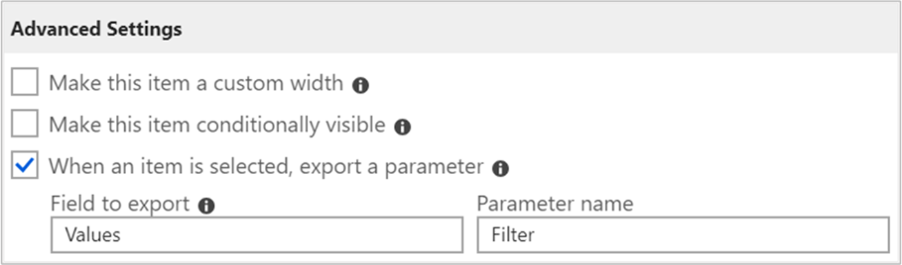 Screenshot of the Advanced Settings dialog for a Virtual Machines workbook with the "When an item is selected, export a parameter" option checked.