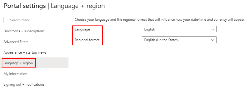 Screenshot showing the Language + region settings pane.