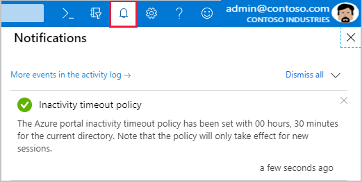 Screenshot showing a notification for successful inactivity timeout policy.