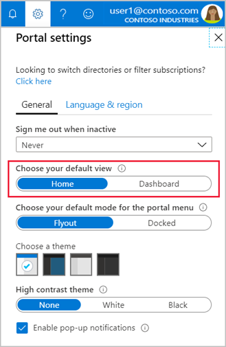 Screenshot showing Azure portal settings with default view highlighted