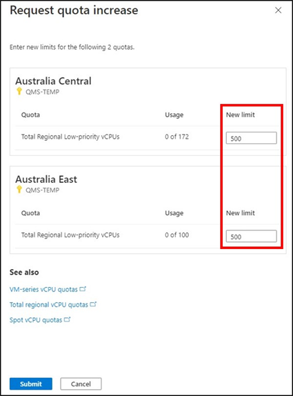Screenshot showing the Enter a new limit option for a regional quota increase request.
