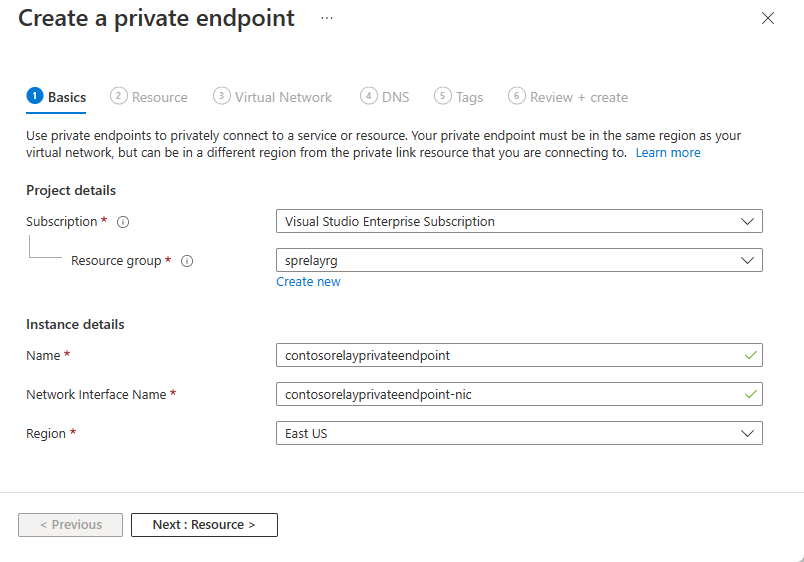 Screenshot showing the Basics page of the Create a private endpoint wizard.