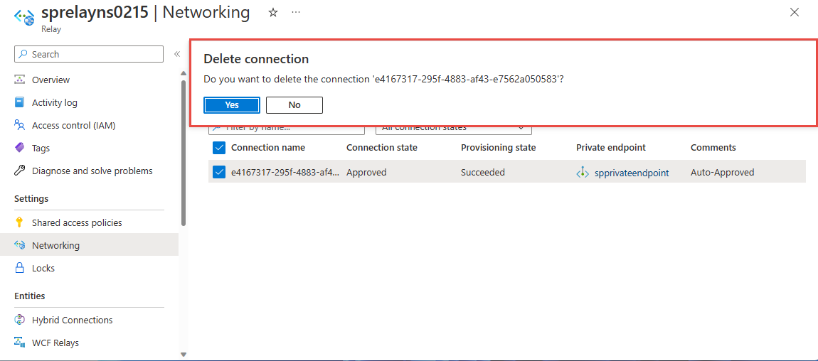 Screenshot showing the Delete connection page asking you for the confirmation.