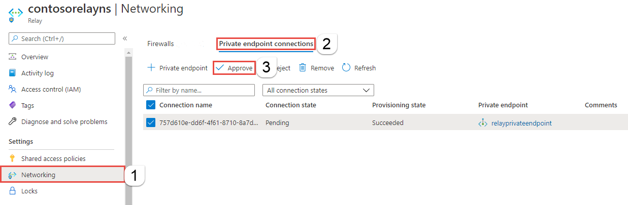 Screenshot showing the Approve button on the command bar for the selected private endpoint.