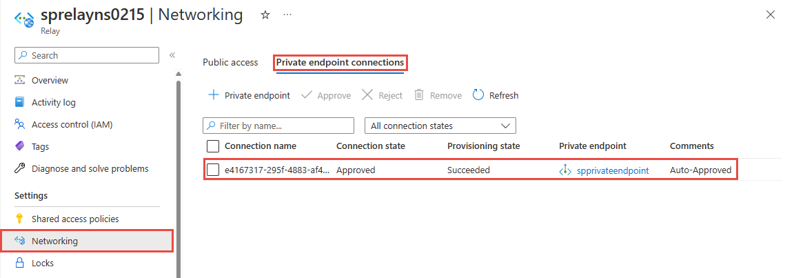 Screenshot showing the Private endpoint connections tab of the Networking page with the private endpoint you just created.