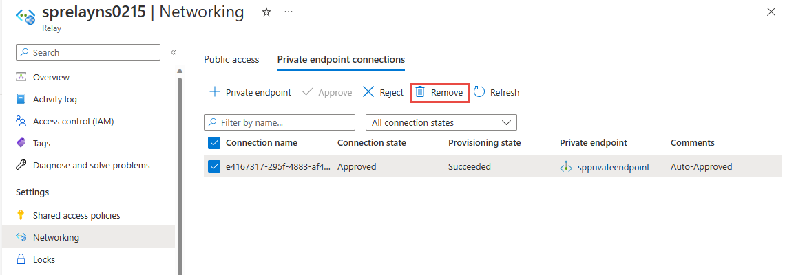 Screenshot showing the Remove button on the command bar for the selected private endpoint.