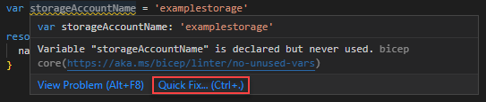 The screenshot of No unused variables linter rule quick fix.