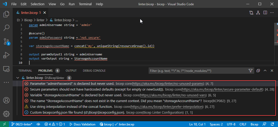 Bicep linter usage in Visual Studio Code.