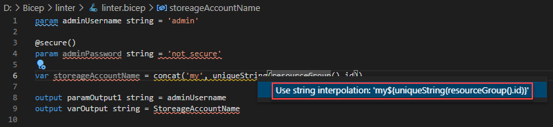 Bicep linter usage in Visual Studio Code - show quickfix solution.