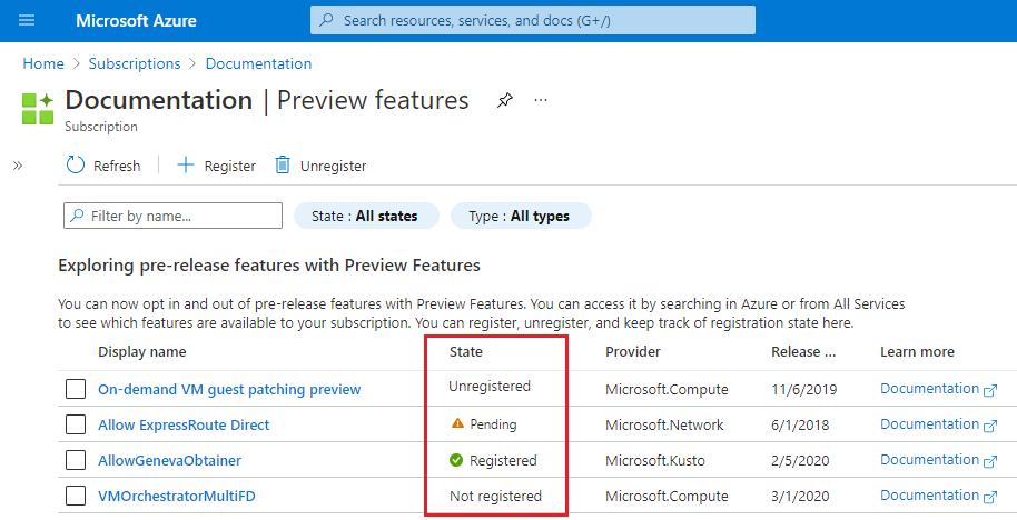 Azure portal list of preview features.