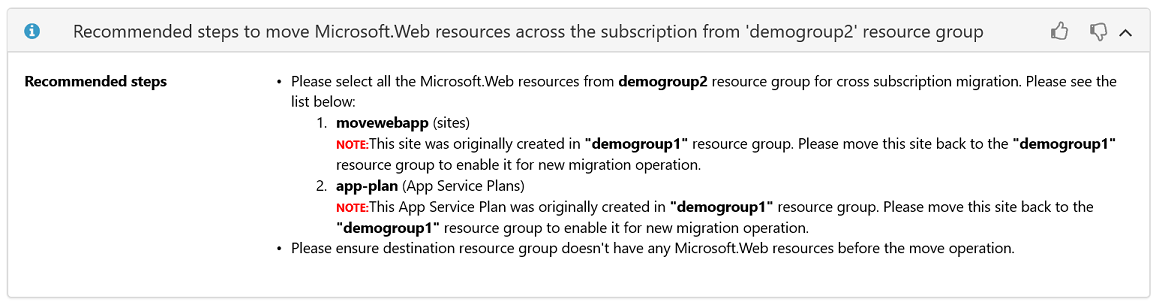 Screen capture shows recommended steps for moving Microsoft dot Web resources.