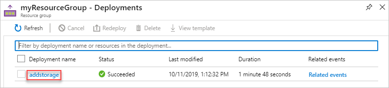 Screenshot of selecting a specific deployment from deployment history in Azure portal.