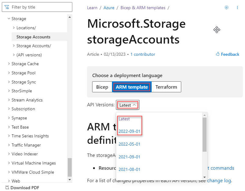 Resource Manager template reference storage account versions