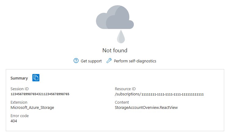 Screenshot of Azure portal showing a deleted resource with a 'Not found' error message in the resource's Overview section.