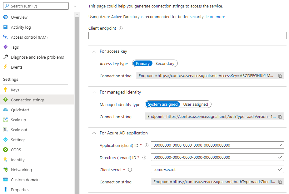Screenshot that shows the connection string generator for Azure SignalR Service in the Azure portal.