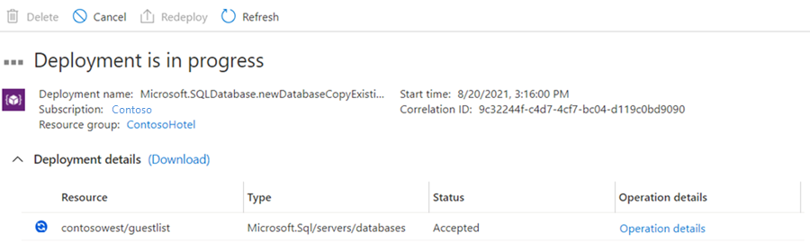 Screenshot that shows the deployment status of the secondary database.