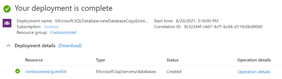 Screenshot that shows the secondary database status after deployment.