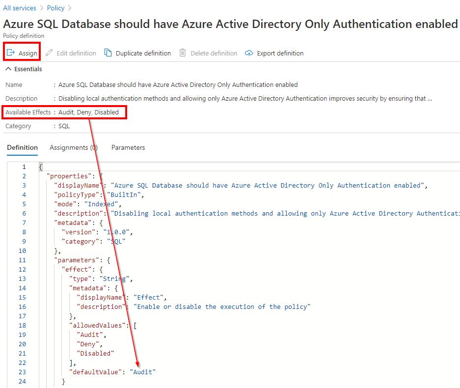 Screenshot of assigning Azure Policy for Azure AD-only authentication