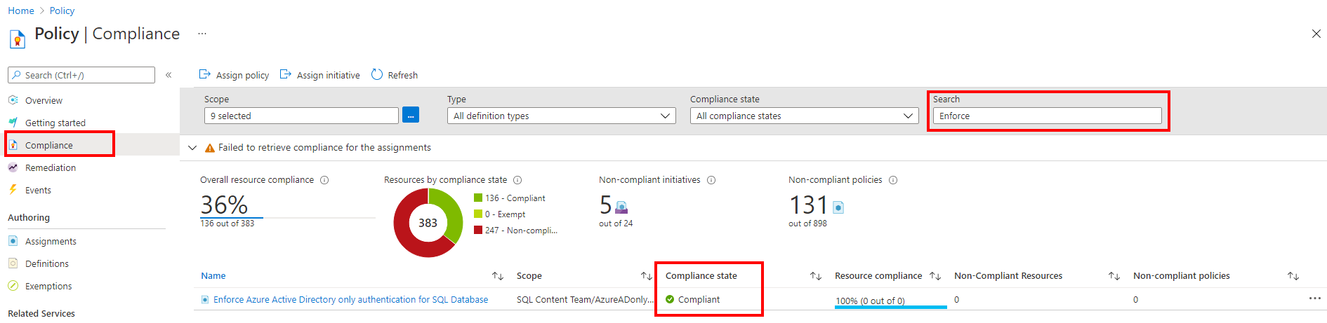 Screenshot of Azure Policy compliance for Azure AD-only authentication.