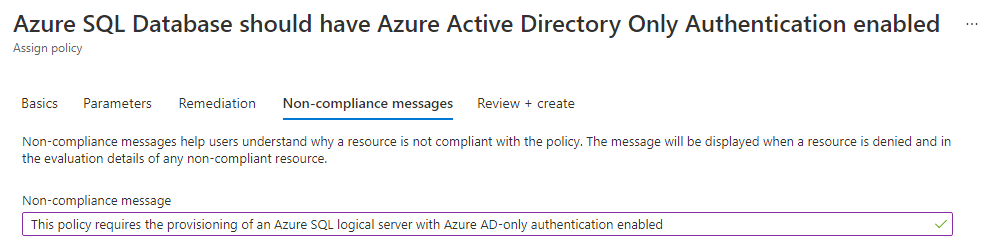 Screenshot of Azure Policy non-compliance message for Azure AD-only authentication.