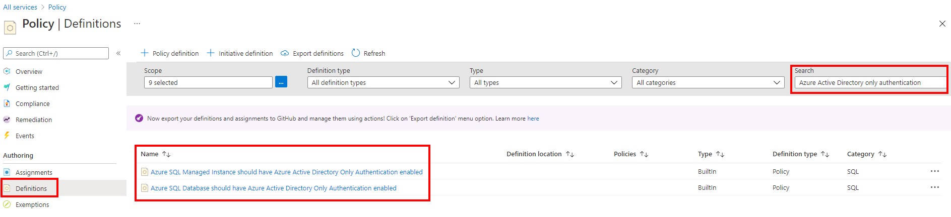 Screenshot of Azure Policy for Azure AD-only authentication