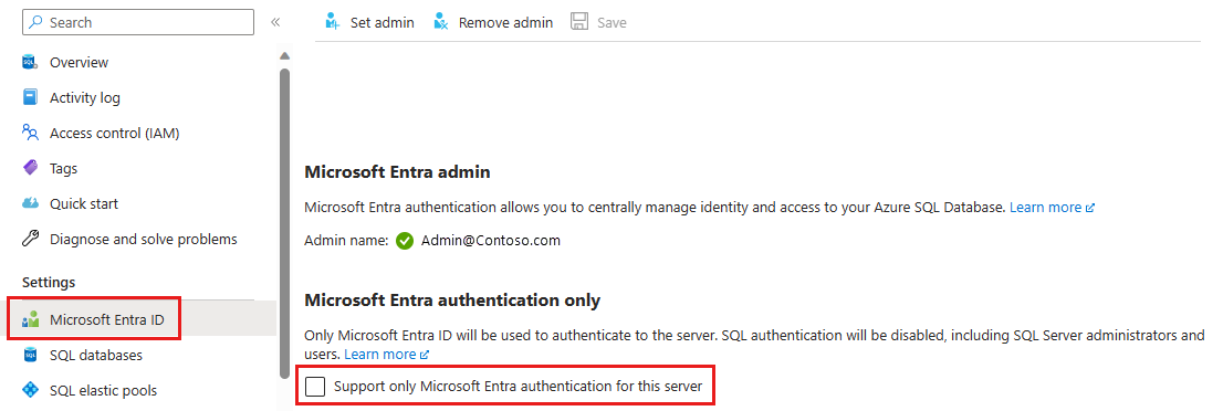 Enable Azure AD only auth menu