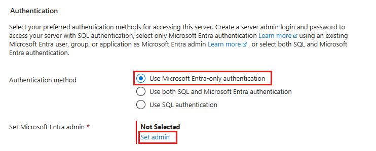 Azure portal screenshot of the create SQL Managed Instance basic tab and choosing Azure AD only authentication