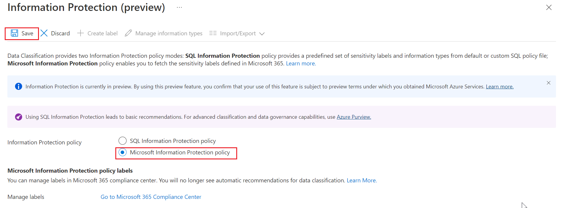 Screenshot of selecting Microsoft Information Protection policy for Azure SQL Database.