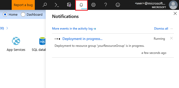 Screenshot shows Notifications in the Azure portal with Deployment in progress.
