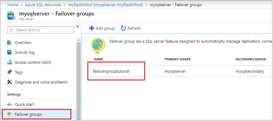Select the failover group from the portal