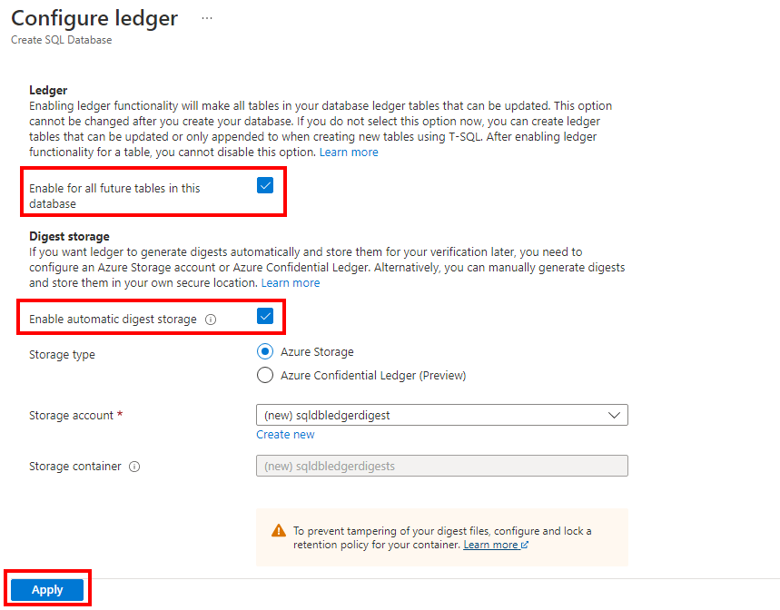 Screenshot that shows the Configure ledger (preview) pane in the Azure portal.