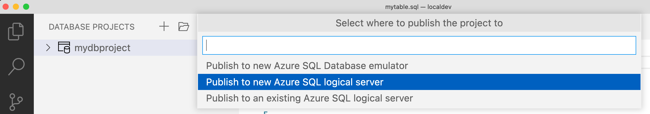 Screenshot of publishing a Database Project to Azure SQL Database.