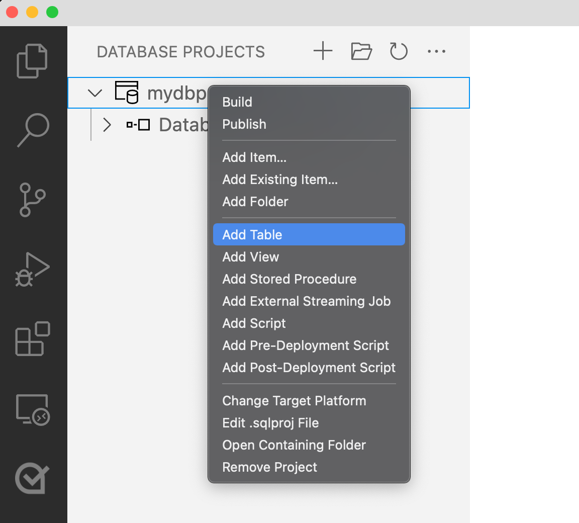 Screenshot of adding a table from the Database Projects menu in Visual Studio Code.
