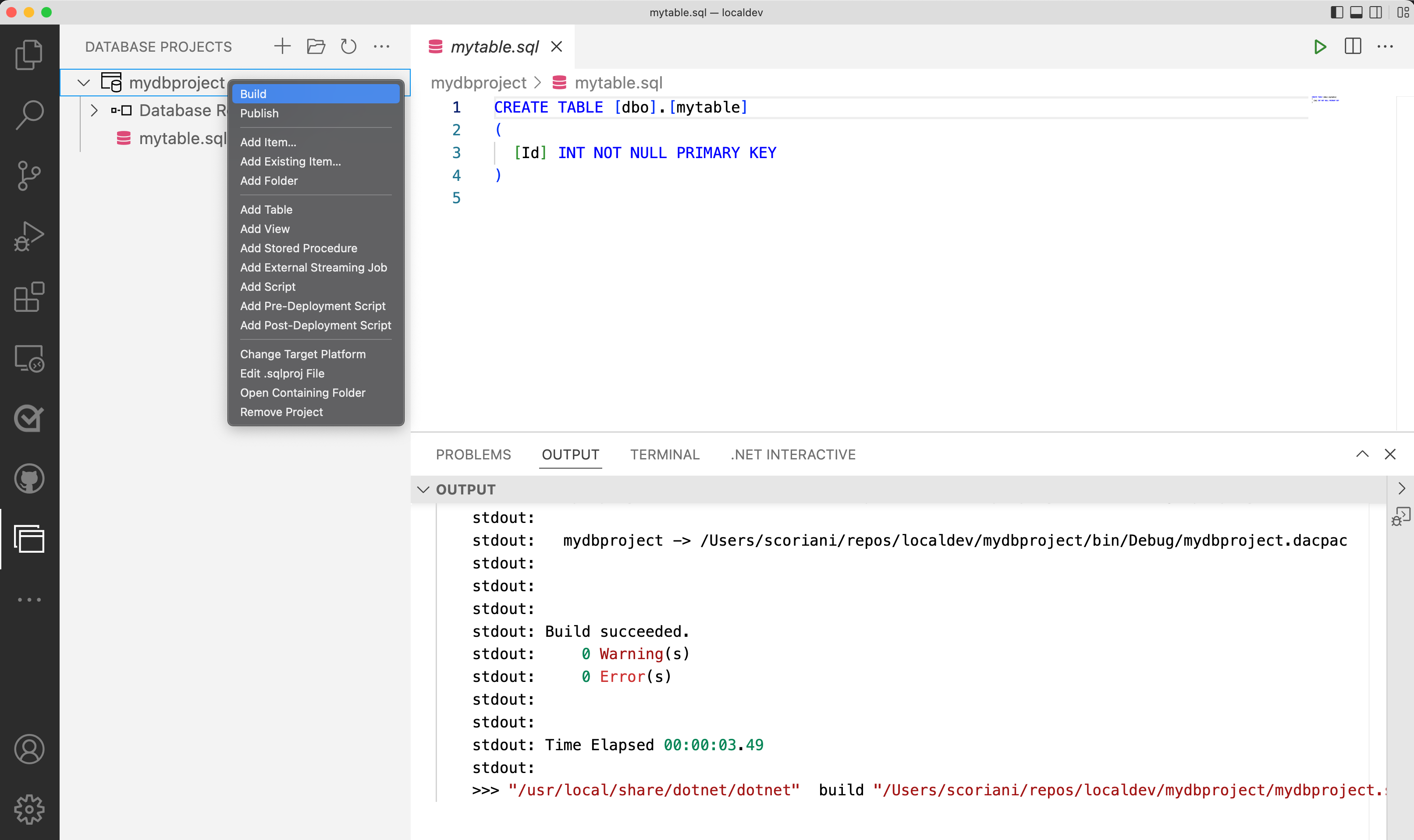 Screenshot of selecting build from the Database Project menu in Visual Studio Code.