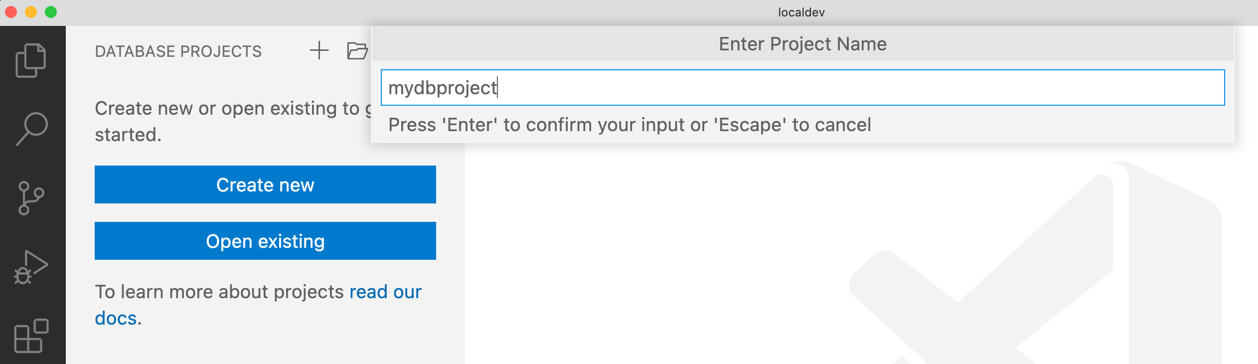 Screenshot of entering a name for a Database Project in Visual Studio Code.