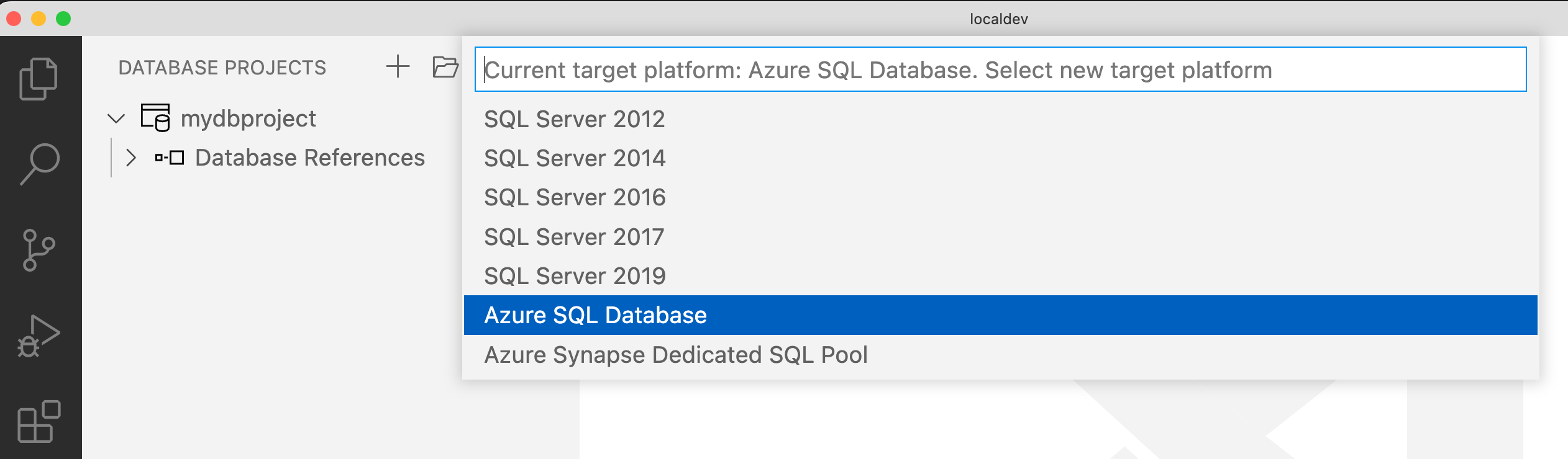 Screenshot of selecting Azure SQL Database as a target for a Database Project.