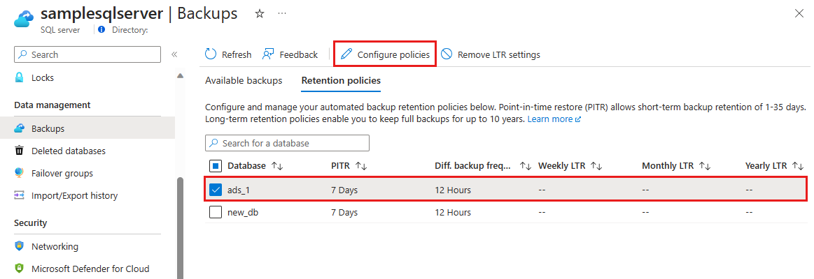 select database to configure backup retention policies