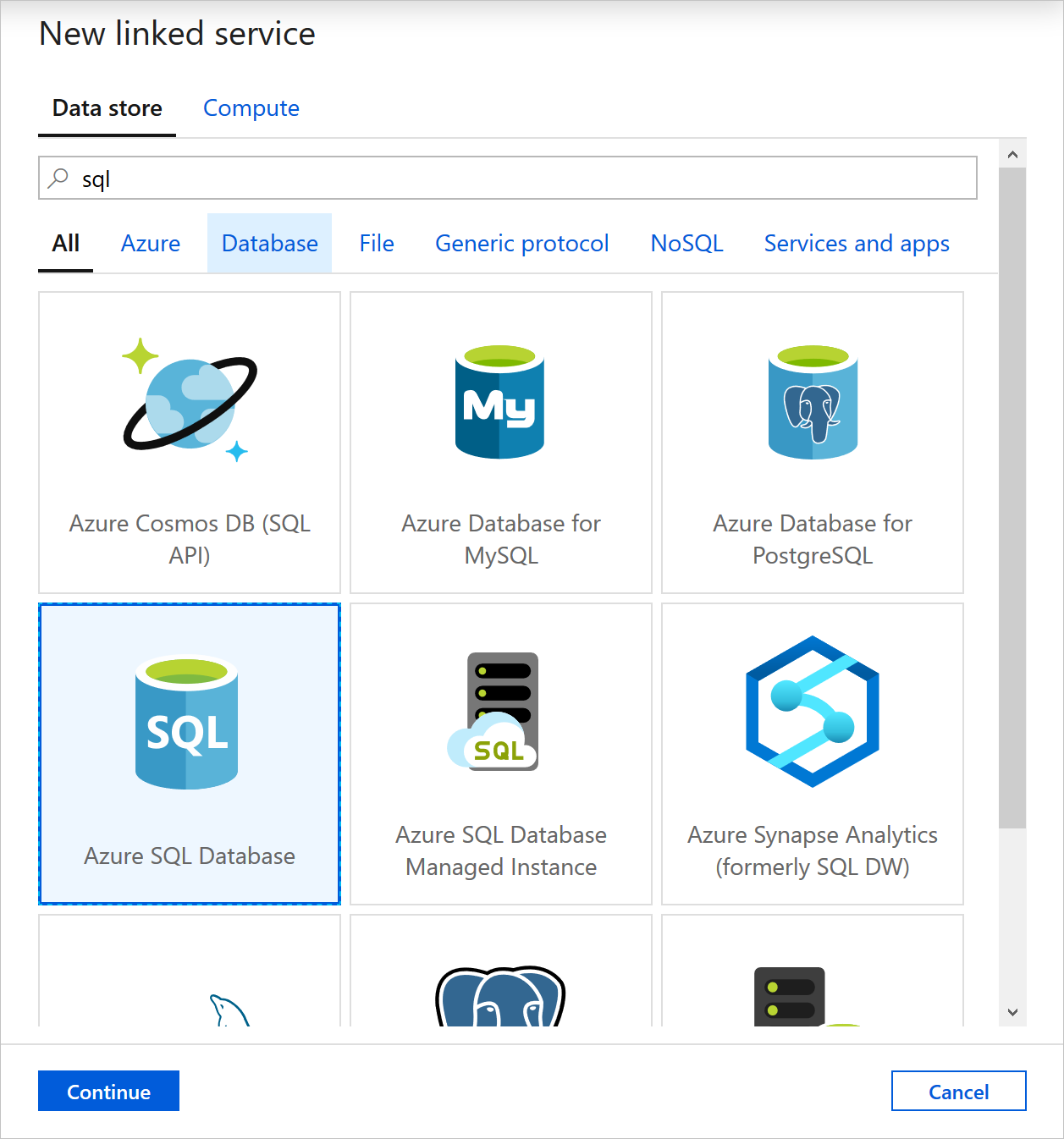 Screenshot showing Azure SQL Database selected in Azure Data Factory.