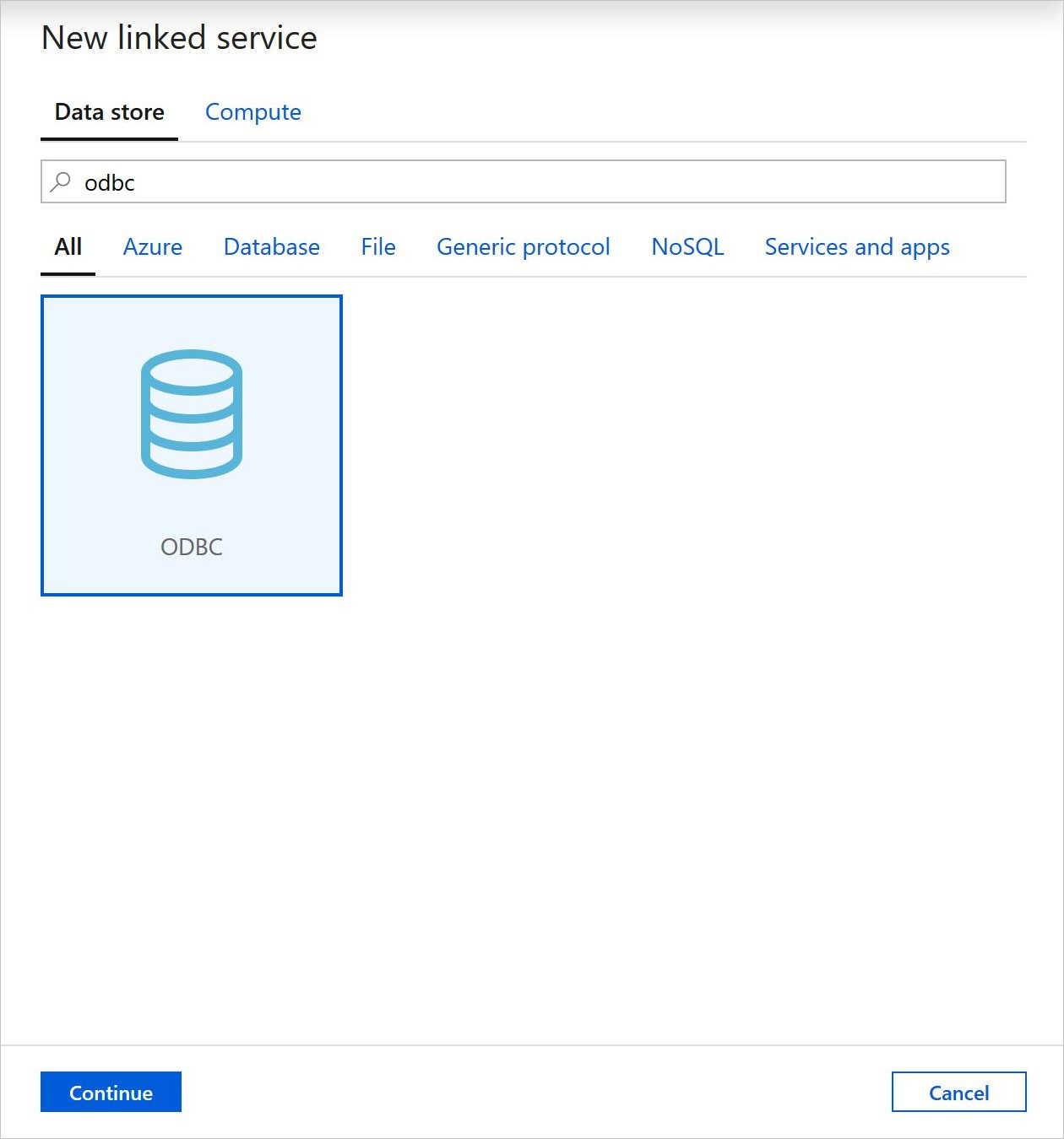 Screenshot showing ODBC connector logo in the linked services pane in Azure Data Factory.