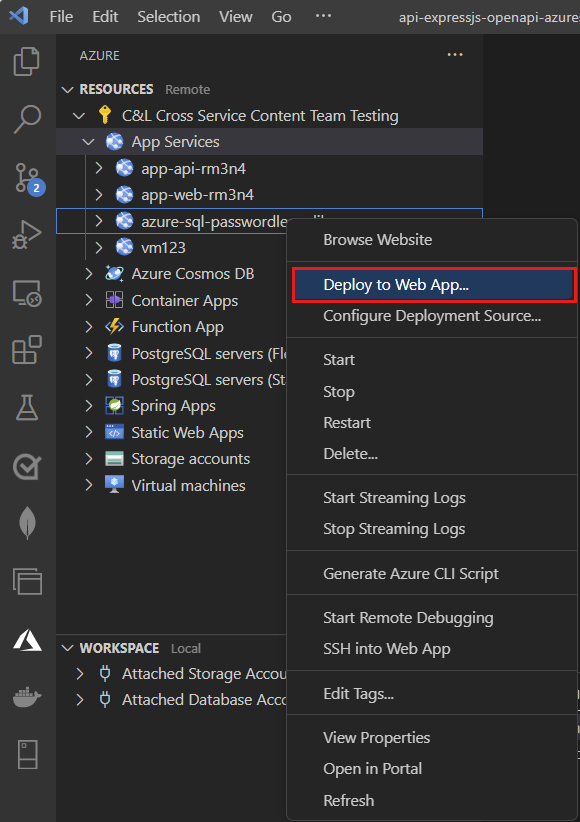 Screenshot of Visual Studio Code in the Azure explorer with the Deploy to Web App highlighted.