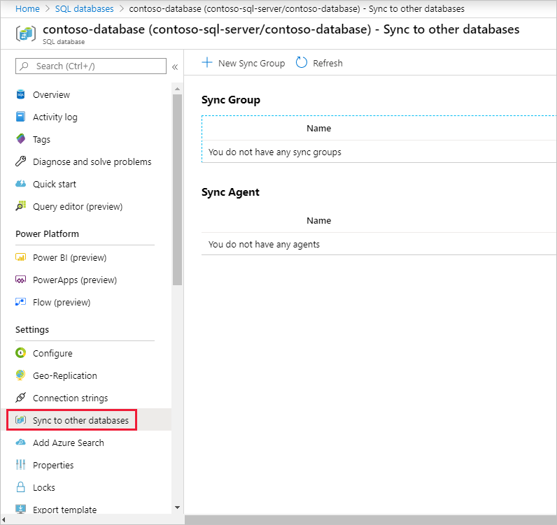 Sync to other databases, Microsoft Azure portal