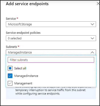 Screenshot shows Add service endpoints, where you add the Microsoft.Storage Service as an endpoint.