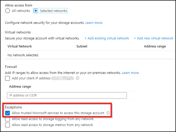 Screenshot shows Firewall and virtual networks dialog box, with Allow trusted Microsoft services to access this storage account selected.