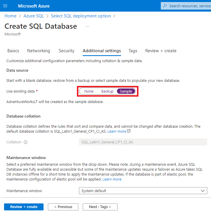 Screenshot of the Create SQL Database page of the Azure portal, showing the additional settings tab.