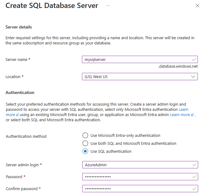 Screenshot of the Create SQL Database Server page of the Azure portal.
