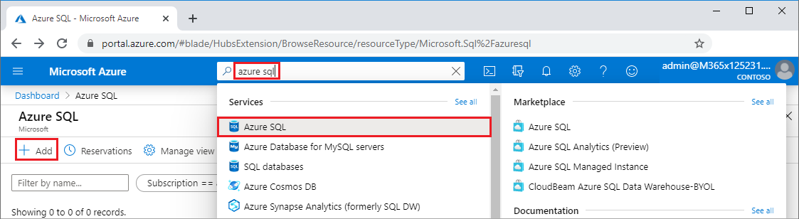 Screenshot of the Azure portal search screen, showing Azure SQL.