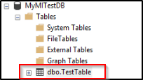 Screenshot from Object Explorer in S S M S showing the folder structure for Tables in MyMITestDB. The dbo.TestTable folder is highlighted.